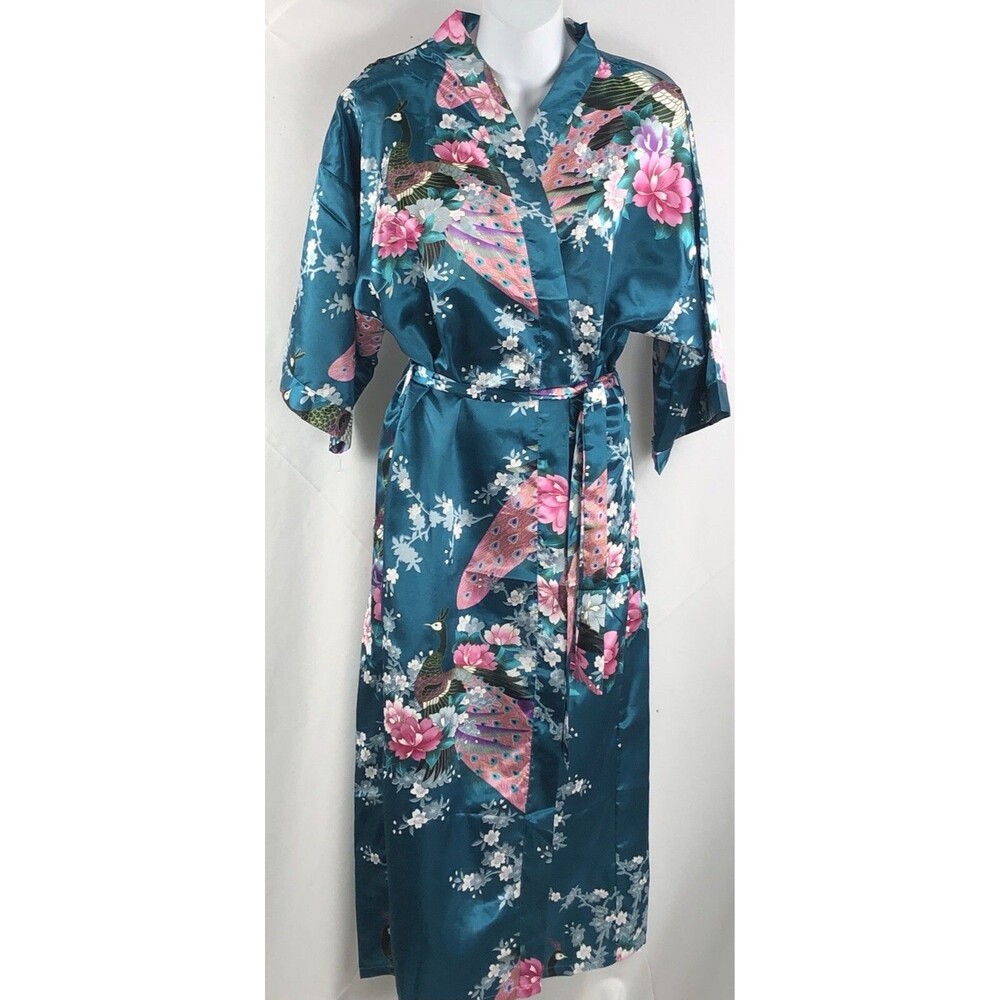 Boutique Satin Kimono Maxi Robe S Teal Pink Peacock Floral Silky Belted Japan